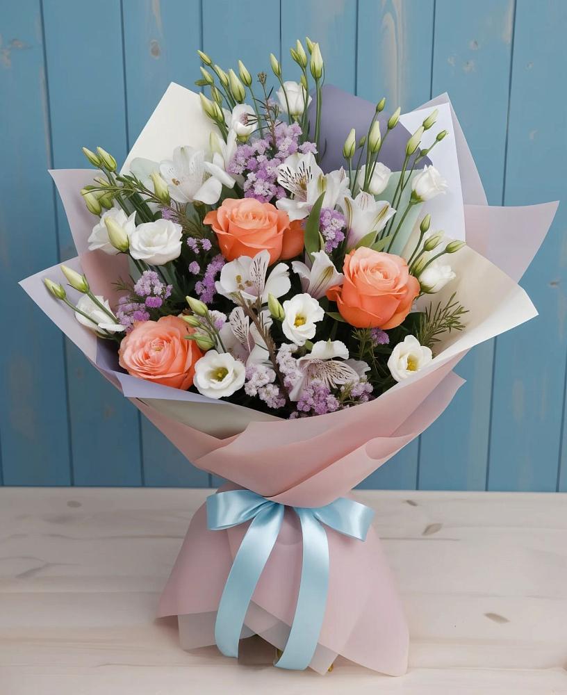 Букет цветов из: Лизиантусы, Розы, Альстромерии и Гипсофила в Воскресенской