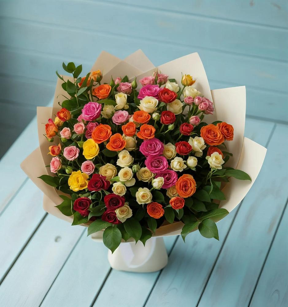 Букет Микс из разноцветных кустовых роз в Воскресенской