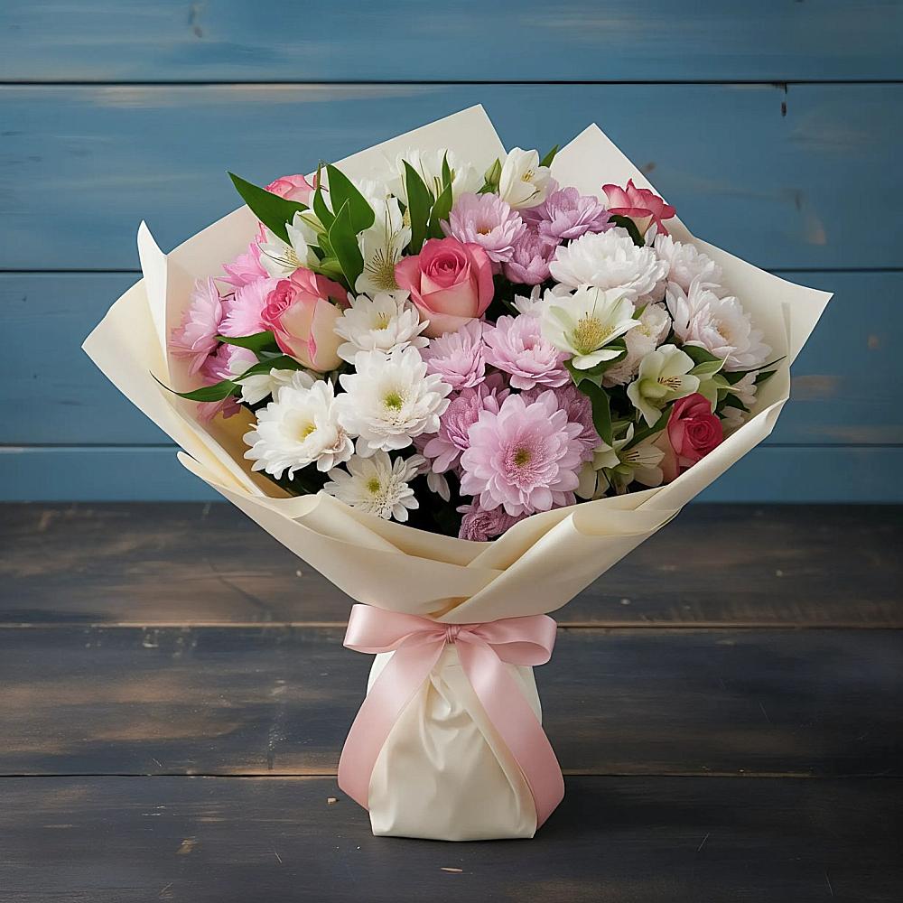 Букет цветов из: Хризантемы, Альстромерии и Розы в Воскресенской